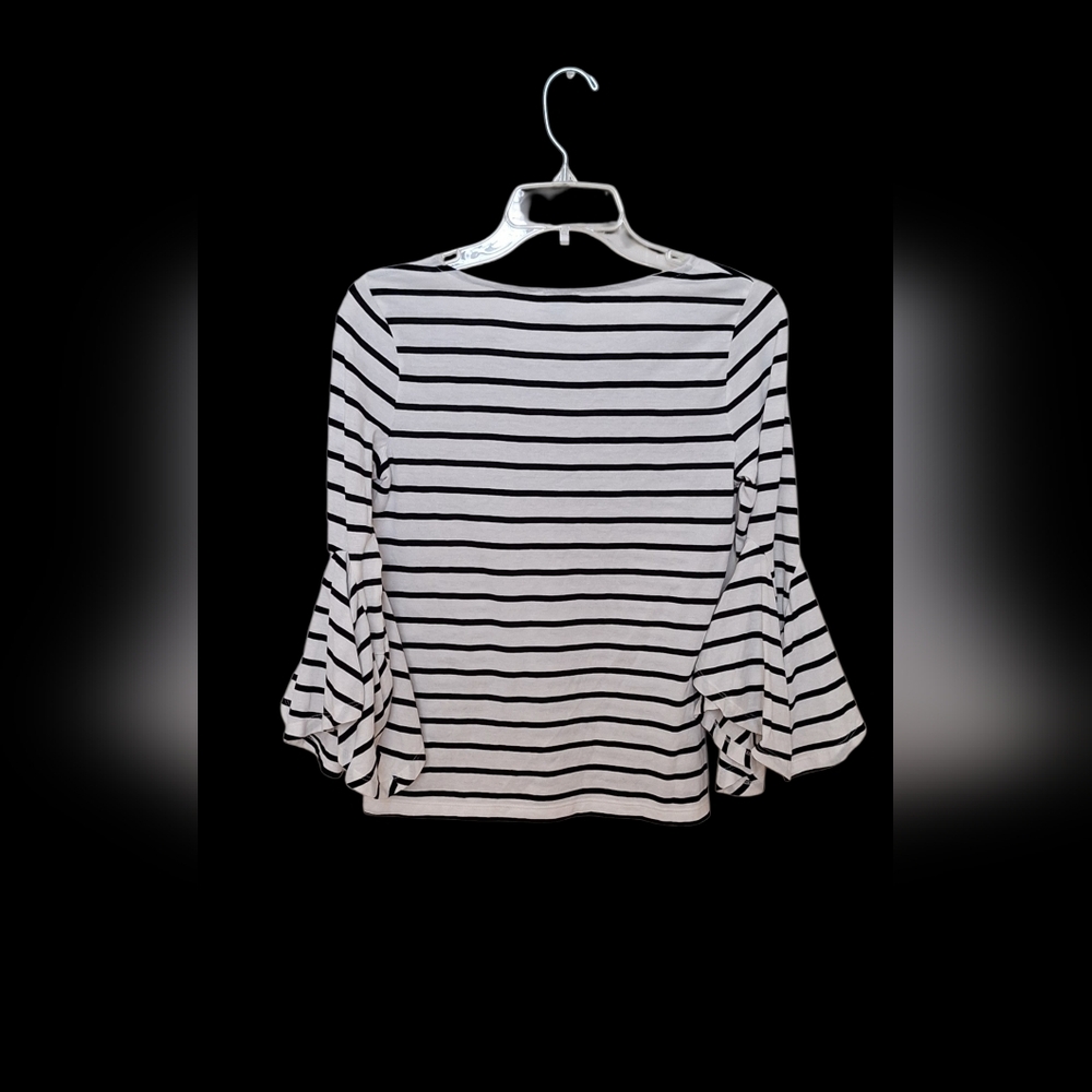 Susina Ruffle Bell Sleeve Top Boatneck Black White Stripe Cotton Boho PXS